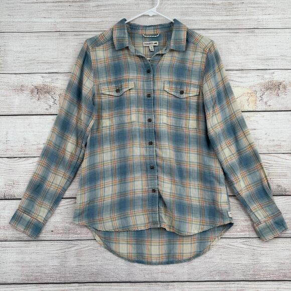 Toad&Co Recycled Cotton Blend Plaid Button Down Shirt Womens Small Blue Tan Red - Picture 1 of 14
